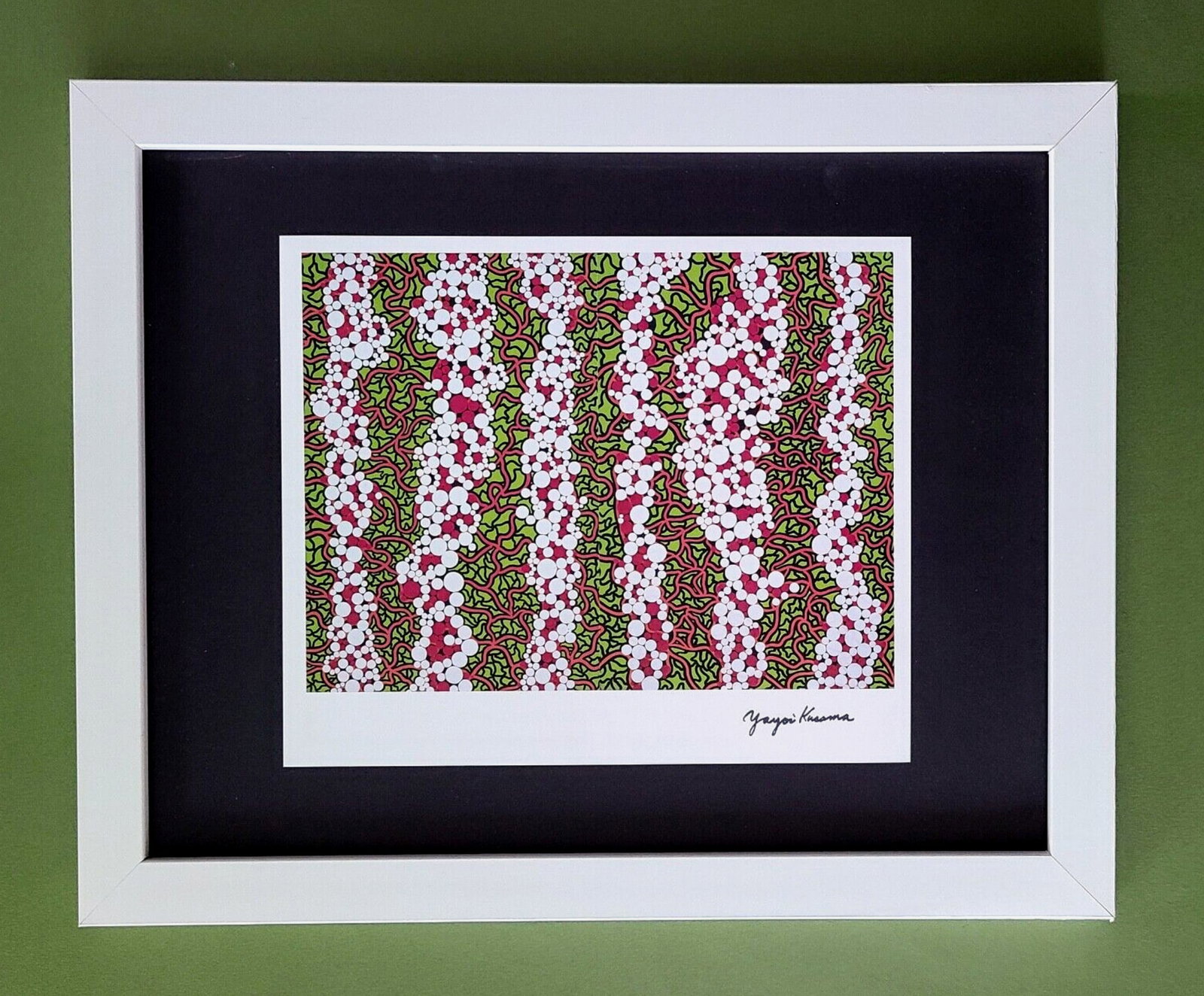 Yayoi Kusama | 1990's Artistic Pop Art Print Signed | Mounted and Framed!: Up for Sale this Beautiful and Scarce Vintage Offset Lithograph After Yayoi Kusama Facsimile Signed in Ink. This piece is mounted on a 11 x 14 in. black acid free black board. Framed in White