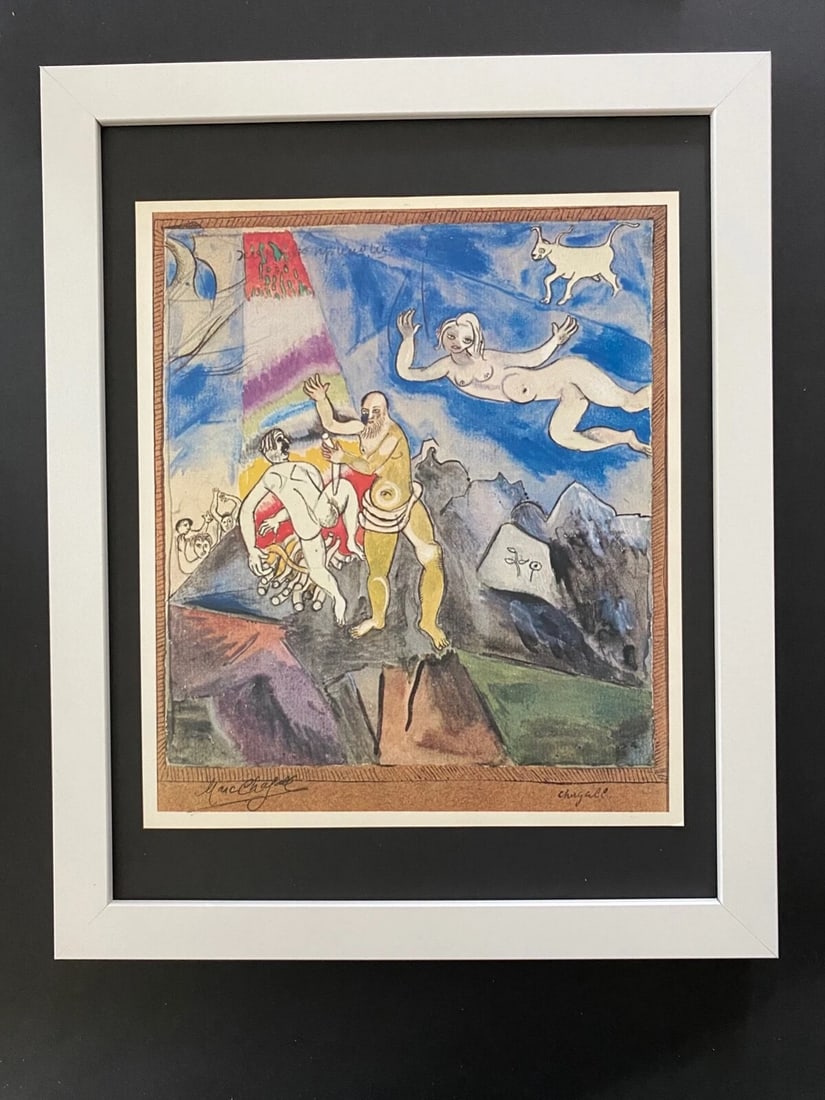 MARC CHAGALL | ORIGINAL VINTAGE 1977 PRINT | SIGNED | MOUNTED AND FRAMED: Beautiful and Scarce Original 1977 Print After Marc Chagall " Cloe and Daphne " Facsimile Signature in Ink Art Print is about 12 X 10 in. This piece is mounted on a 14 x 11 in. black acid free premium