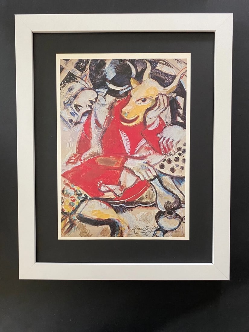 MARC CHAGALL | ORIGINAL VINTAGE 1975 PRINT | SIGNED | MOUNTED AND FRAMED: Beautiful and Scarce Original 1975 Print After Marc Chagall "Woman at the window" Facsimile Signature in Ink Published by Verlag Schauberg in Koln, West Germany Art Print is about 11 1/2 X 9 in. This 