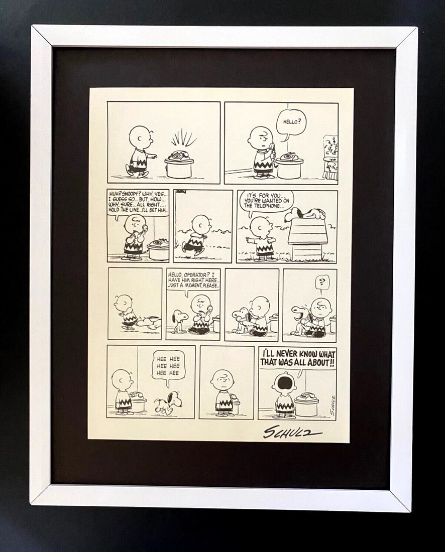 Charles Schulz Signed 1968 Snoopy Peanuts Cartoon Silver Frame Art (1 of 3)