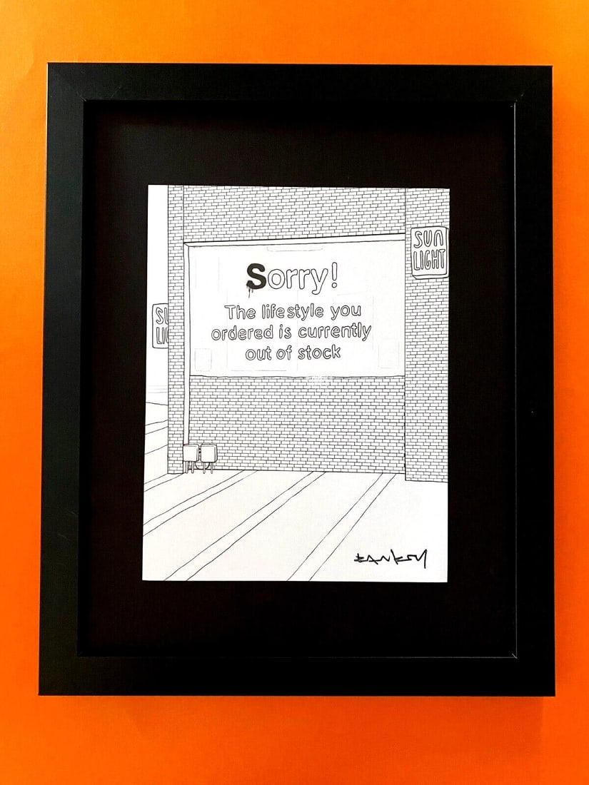 Banksy Graffiti Print Sorry! Signed Framed Urban Art Wall Decor: Beautiful and Scarce Print BANKSY Facsimile Signature in Ink Art Print is about 8 X 8 in. This piece is mounted on a 11 x 14 in. black acid free premium black board. Framed covers an area of 15x12in. 