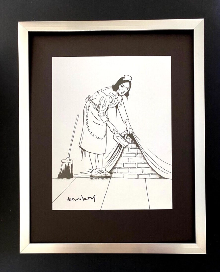Banksy Graffiti Print Cleaning Signed Framed Urban Art Wall Decor: Beautiful and Scarce Print After BANKSY " CLEANING " Facsimile Signature in Ink Art Print is about 8 X 8 in. This piece is mounted on a 11 x 14 in. black acid free premium black board. Framed covers a