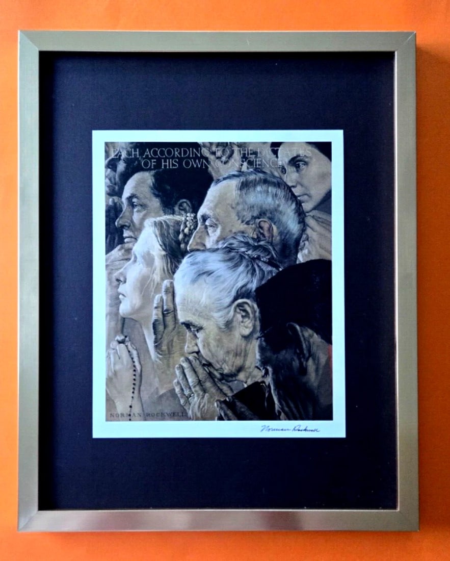 NORMAN ROCKWELL + Signed 1970's Print Mounted and Framed + Beautiful.: We have for Sale this Norman Rockwell AWESOME 1970's PRINT FACSIMILE SIGNED IN INK FRAME COVERS AN AREA OF 15 X 12 in PRINT IS MOUNTED OVER A BLACK BOARD AND FRAMED IN BRAND NEW GOLD FRAME EXCELLENT