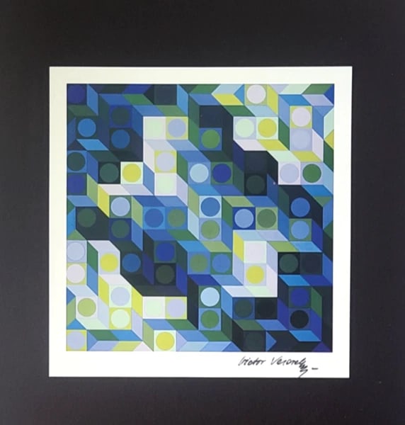 VICTOR VASARELY + SIGNED GEOMETRIC ABSTRACT PRINT FROM 1970 + NEW FRAME 14x11in. - 2