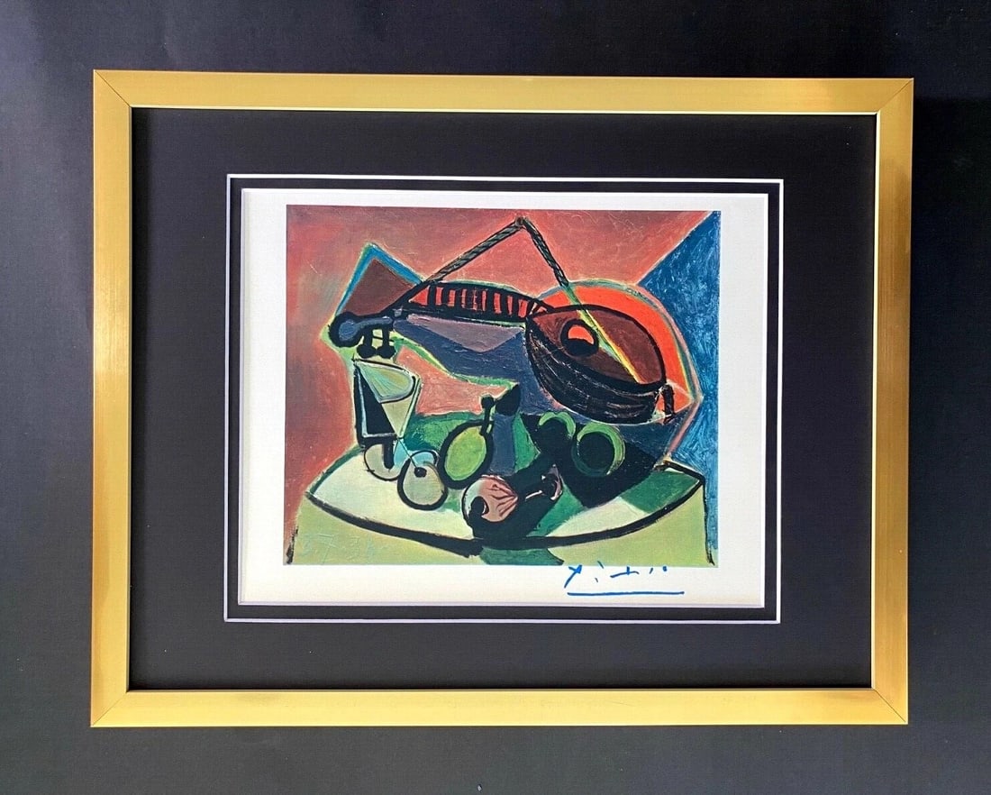 PABLO PICASSO BEAUTIFUL 1948 SIGNED SCARCE PRINT MATTED AND FRAMED: This is a Beautiful and Scarce 1948 Print After PABLO PICASSO " Still Life " FACSIMILE SIGNED IN BLUE INK Matted and Framed covering an area of 15x12in. Printed in Beautiful Paper after this Iconic