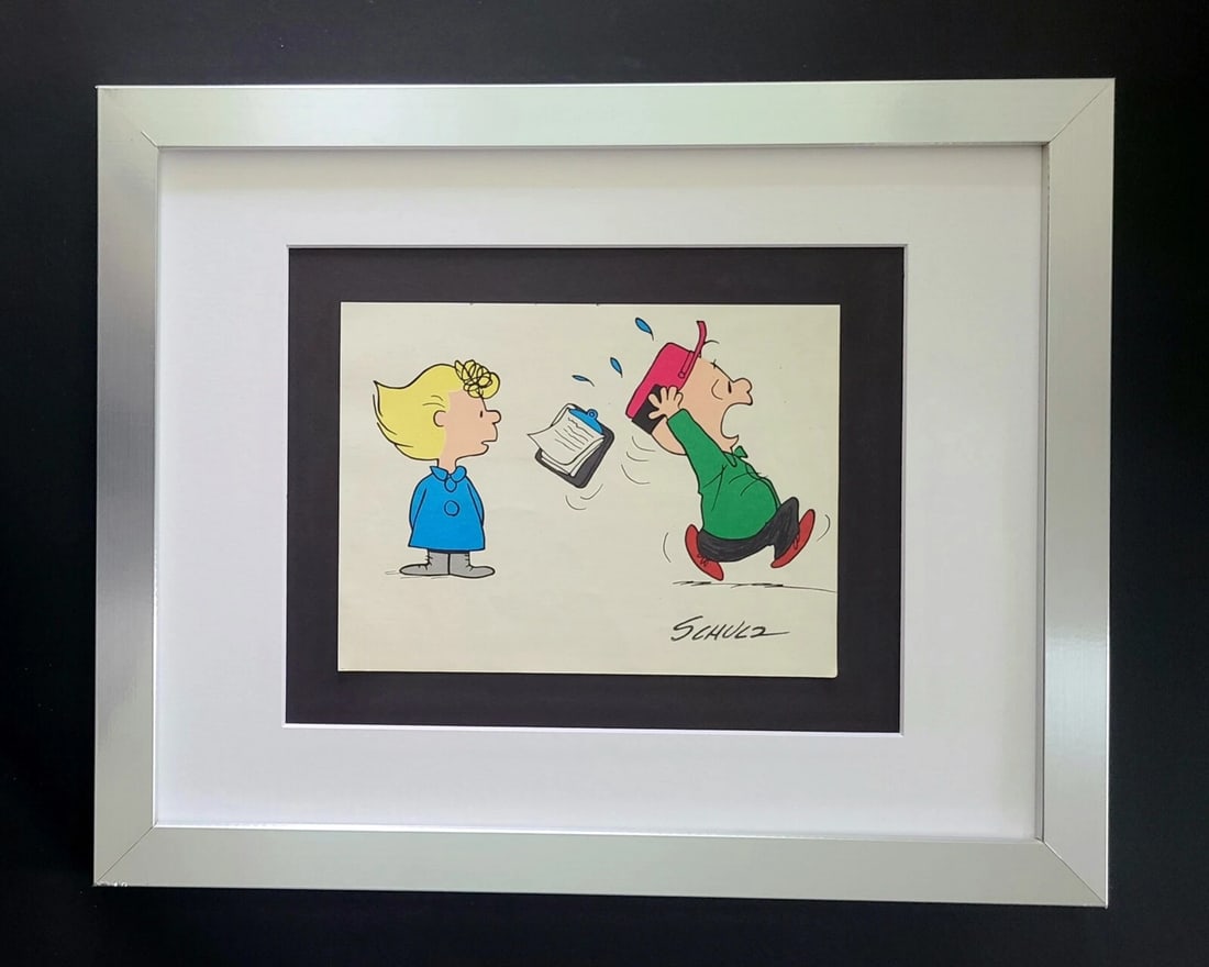 1968 Peanuts Christmas Snoopy Art Signed Schulz in New Silver Frame: WE HAVE FOR SALE TODAY THIS BEAUTIFUL VINTAGE 1968 OFFSET LITHOGRAPH AFTER CHARLES M. SCHULTZ " CHRISTMAS PEANUTS CARTOON " FACSIMILE SIGNED IN INK THIS ART PRINT IS MATTED AND MOUNTED ON A 14 X 11