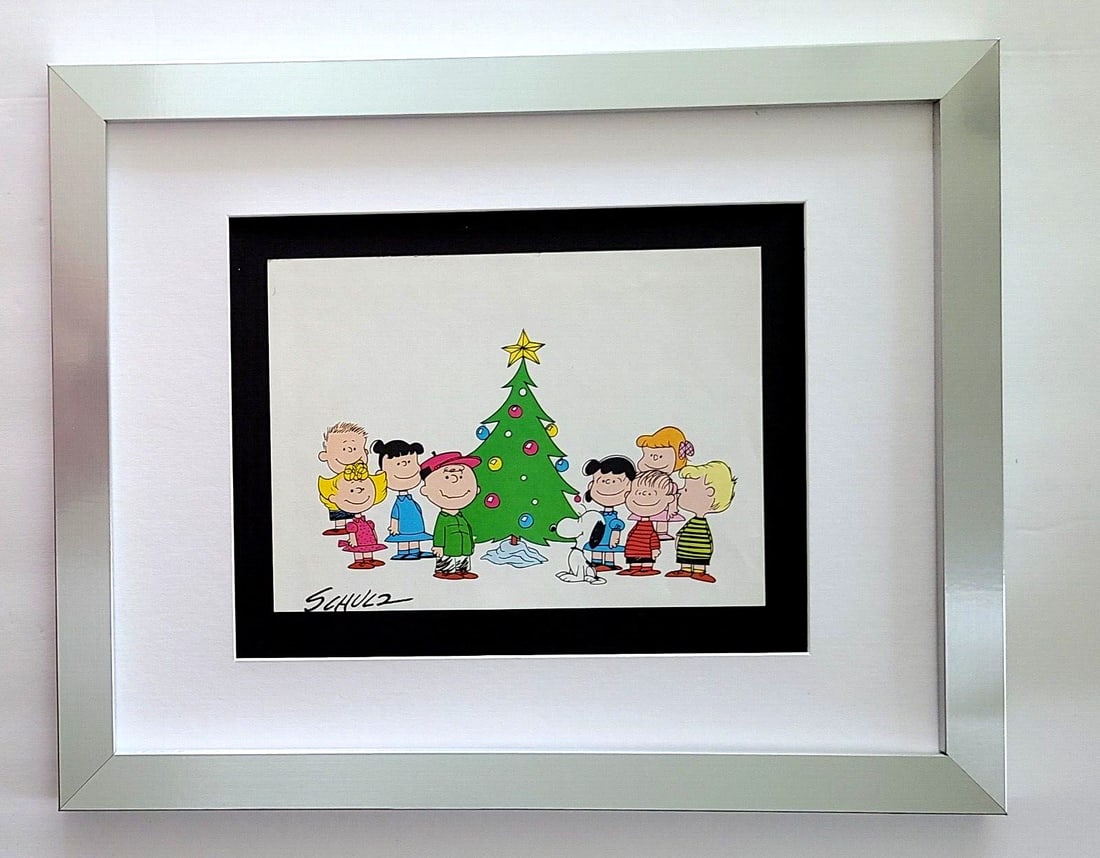 1968 Peanuts Christmas Snoopy Art Signed Schulz in New Frame: WE HAVE FOR SALE TODAY THIS BEAUTIFUL VINTAGE 1968 OFFSET LITHOGRAPH AFTER CHARLES M. SCHULTZ " CHRISTMAS PEANUTS CARTOON " FACSIMILE SIGNED IN INK THIS ART PRINT IS MATTED AND MOUNTED ON A 14 X 11 IN