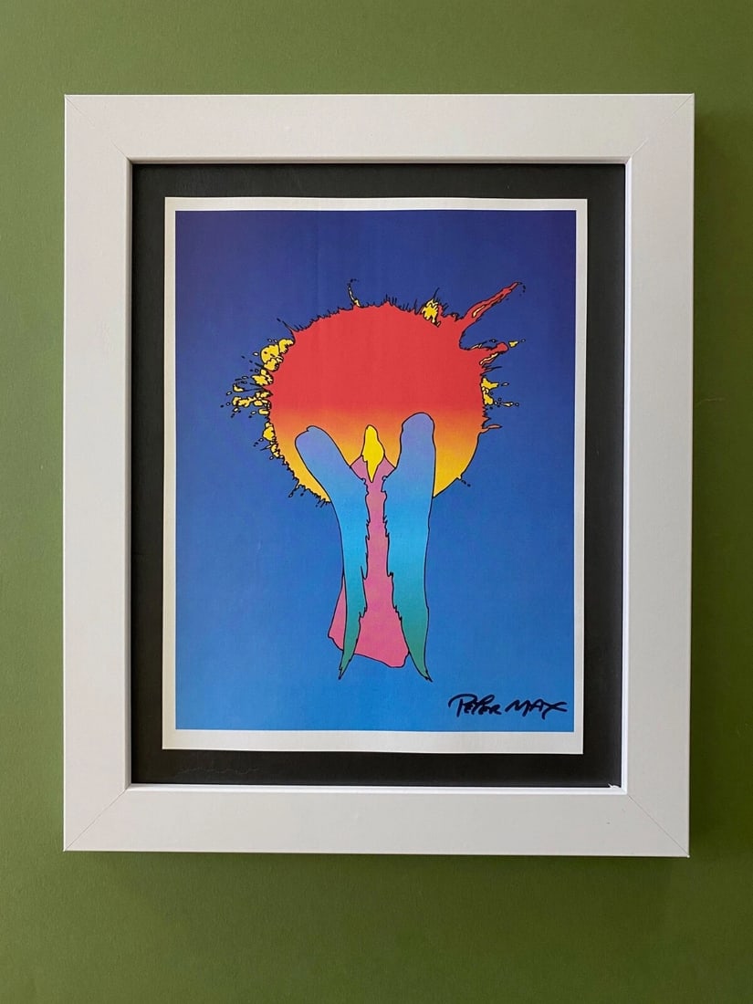 PETER MAX + BEAUTIFUL + SIGNED PRINT + NEW FRAME: PETER MAX AWESOME PRINT ON GLOSSY PAPER FACSIMILE SIGNED IN INK FULL OF COLOR PRINT SIZE OF THE PRINT IS ABOUT : 7 X 5 in FRAME COVERS AN AREA OVER 11 X 9 in MOUNTED AND FRAMED EXCELLENT CONDITIONS Pl