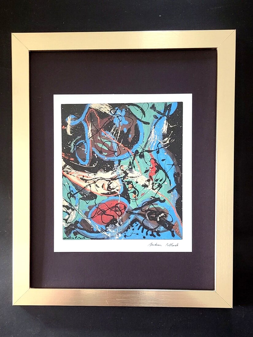 JACKSON POLLOCK + SIGNED VINTAGE PRINT FRAMED: This is a Beautiful and Scarce Vintage Print after JACKSON OOLLOCK FACSIMILE SIGNED IN INK Print is about 10x8in. Mounted and Framed covering an area of 15x12 in. Printed in Paper after the Iconic