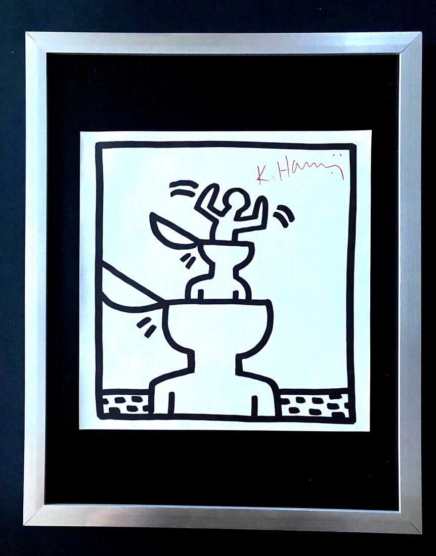 KEITH HARING + SIGNED PRINT FRAMED: This is a Beautiful and Scarce Vintage 1989 Print after Keith Haring FACSIMILE SIGNED IN RED INK Print is about 8x8in. Mounted and Framed covering an area of 15x12 in. Printed in Bond Paper after the 