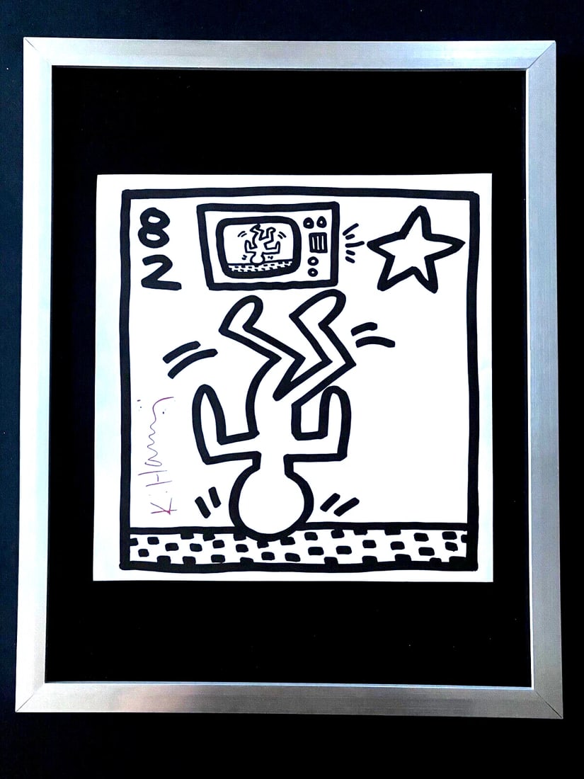 KEITH HARING + SIGNED VINTAGE PRINT FRAMED: This is a Beautiful and Scarce Vintage 1989 Print after Keith Haring FACSIMILE SIGNED IN RED INK Print is about 8x8in. Mounted and Framed covering an area of 15x12 in. Printed in Bond Paper after the 
