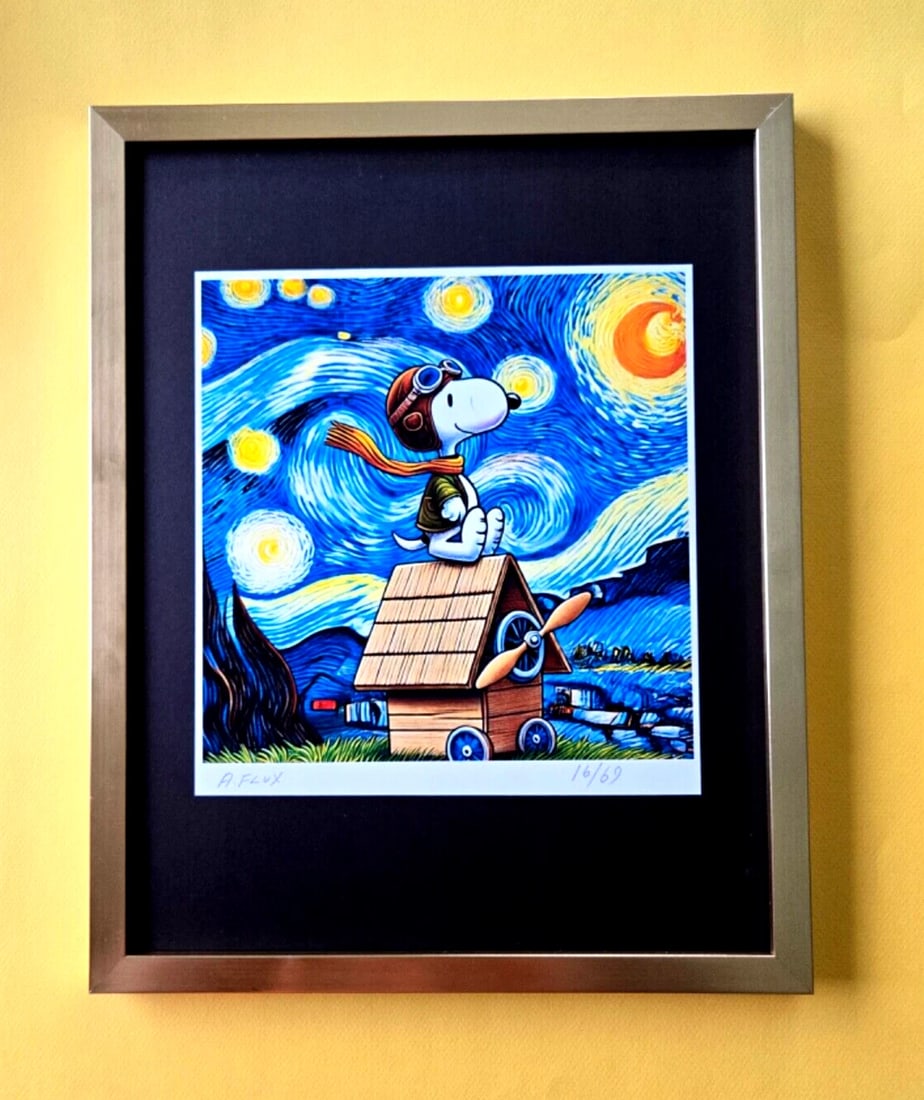 AIDAN FLUX | Hand Signed Original Print Framed LtdEd of 69 COA| SNOOPY AVIATOR: This is a Stunning and Scarce 100% Authentic New Print by Aidan Flux AIDAN Flux represents a new wave of artists who embrace technology as a partner in creation, crafting works that resonate with the