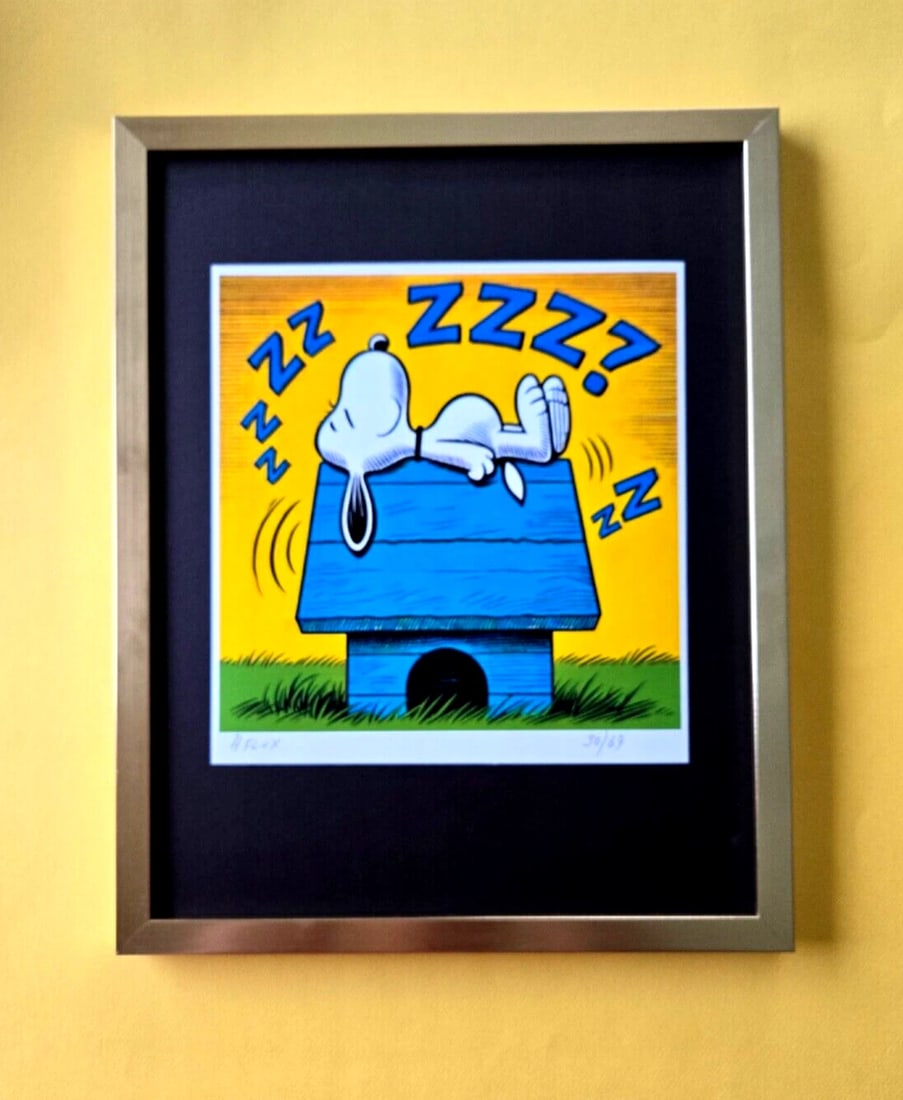 AIDAN FLUX | Hand Signed Original Print Framed LtdEd of 69 COA | SNOOPY ZZZ: This is a Stunning and Scarce 100% Authentic New Print by Aidan Flux AIDAN Flux represents a new wave of artists who embrace technology as a partner in creation, crafting works that resonate with the 