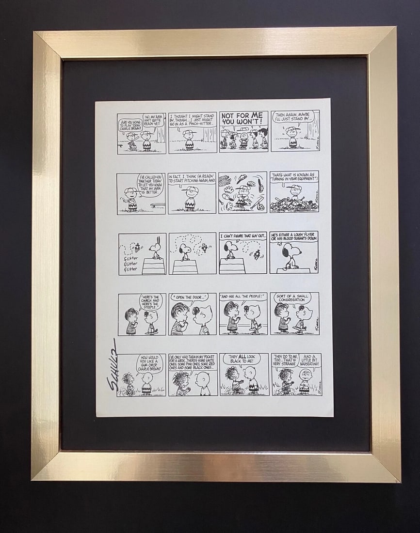 Charles Schulz Snoopy Peanuts 1968 Signed Vintage Print New Frame: WE HAVE FOR SALE TODAY THIS BEAUTIFUL VINTAGE 1968 OFFSET LITHOGRAPH AFTER CHARLES M. SCHULTZ " PEANUTS CARTOON " FACSIMILE SIGNED IN INK ART PRINT IS ABOUT 11.2 X 8.4IN THIS ART PRINT IS MOUNTED ON A