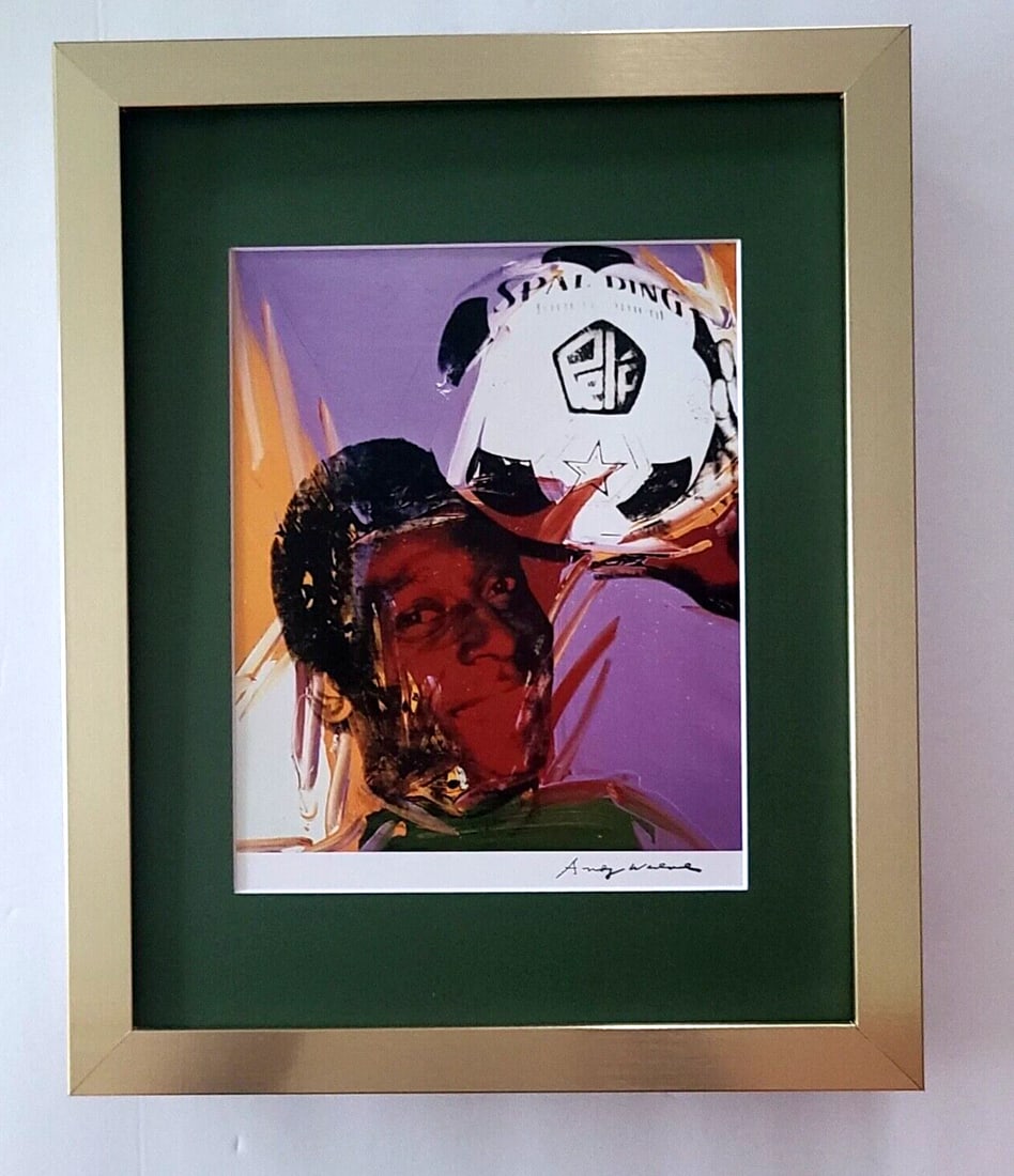 Andy Warhol 1980s Pele Signed Pop Art Print Collector Ready to Hang: This is an Awesome and Scarce 1980's Print after Andy Warhol FACSIMILE SIGNATURE IN INK " PELE " from - His Portraits Collection- Matted and Framed Golden Frame Covers an area of 15 x 12in. Printed