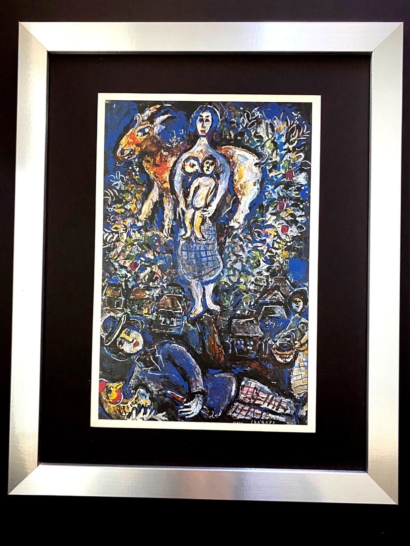 Marc Chagall Signed Print 1973 Framed Art Ready to Hang Display: This is a Beautiful 1973 Offset Lithographic Print After MARC CHAGALL " MOTHER AND CHILD " Signed on the Plate Size is about 11 X 9 in. Mounted over an acid free black cardboard 14 x11. NEW SILVER
