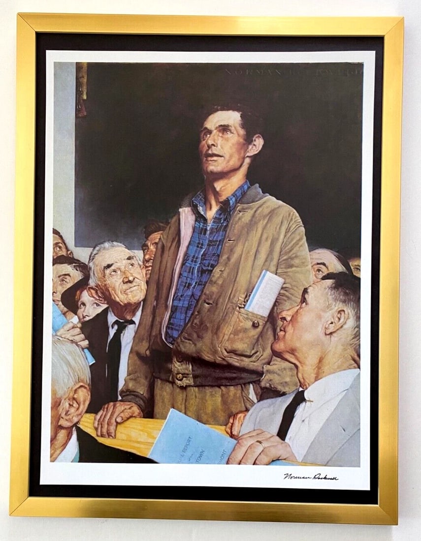 Framed Norman Rockwell Signed Print 1970s Americana Art Decor Ready to Hang: We have for Sale this Norman Rockwell AWESOME 1970's PRINT " Freedom of Speech " FACSIMILE SIGNED IN INK SIZE OF THE PRINT IS ABOUT: 14 X 11 in FRAME COVERS AN AREA OF 17 X 12 in PRINT IS MOUNTED
