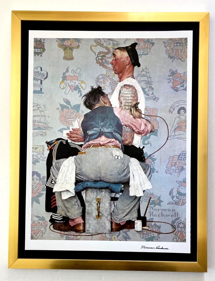 Framed Norman Rockwell Signed Print 1970s Americana Art Decor Ready to Hang: Norman Rockwell AWESOME 1970's PRINT " The Tattooist " FACSIMILE SIGNED IN INK SIZE OF THE PRINT IS ABOUT: 10 X 9 in FRAME COVERS AN AREA OF 17 X 12 in PRINT IS MOUNTED OVER A BLACK BOARD AND FRAMED