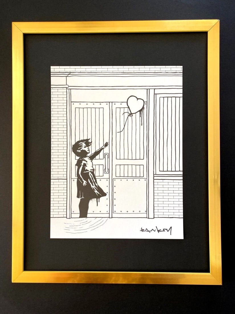Banksy Signed Street Art Framed Print Modern Graffiti Decor Highly Collectible: This is a Beautiful and Scarce Print after BANKSY " GIRL WITH BALLOON " FACSIMILE SIGNED IN INK Print is about 8x8in. Mounted and Framed covering an area of 15x12 in. Printed in Bond Paper in UK