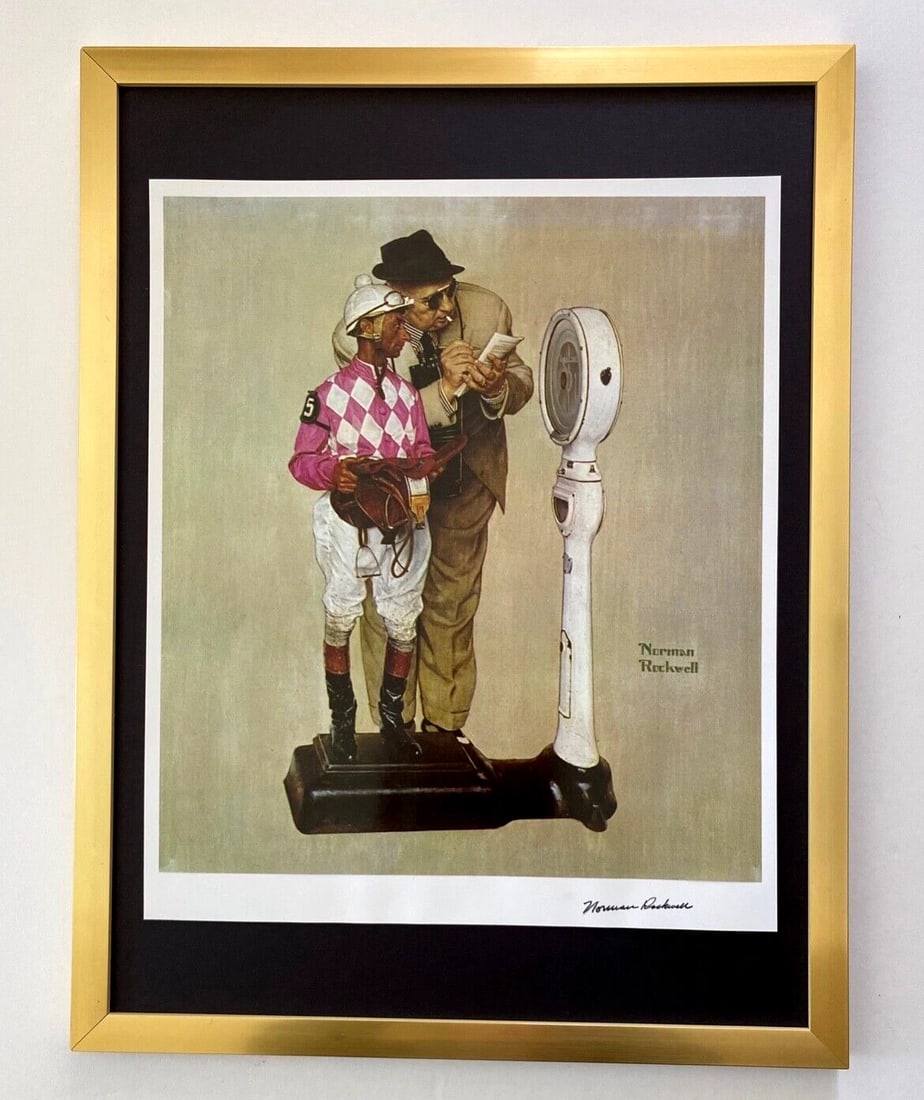 NORMAN ROCKWELL + " THE JOCKEY " + CIRCA 1970'S + SIGNED PRINT FRAMED: AWESOME 1970's HAND TIPPED PRINT " The Jockey " FACSIMILE SIGNED IN INK SIZE OF THE PRINT IS ABOUT: 10 X 9 in FRAME COVERS AN AREA OF 17 X 12 in PRINT IS HAND TIPPED OVER A WHITE LINER THEN MOUNTED