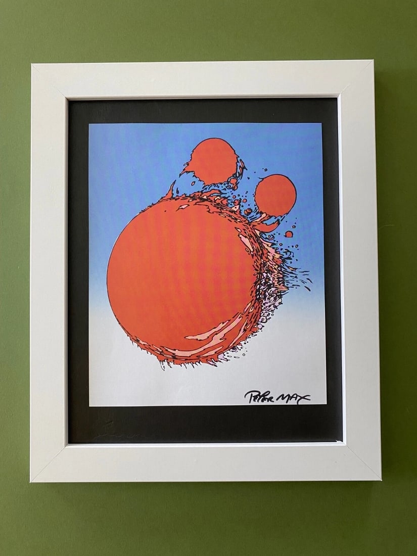 PETER MAX + BEAUTIFUL + SIGNED PRINT + NEW FRAME: PETER MAX AWESOME PRINT ON GLOSSY PAPER FACSIMILE SIGNED IN INK FULL OF COLOR PRINT SIZE OF THE PRINT IS ABOUT : 7 X 5 in FRAME COVERS AN AREA OVER 11 X 9 in MOUNTED AND FRAMED EXCELLENT CONDITIONS Pl