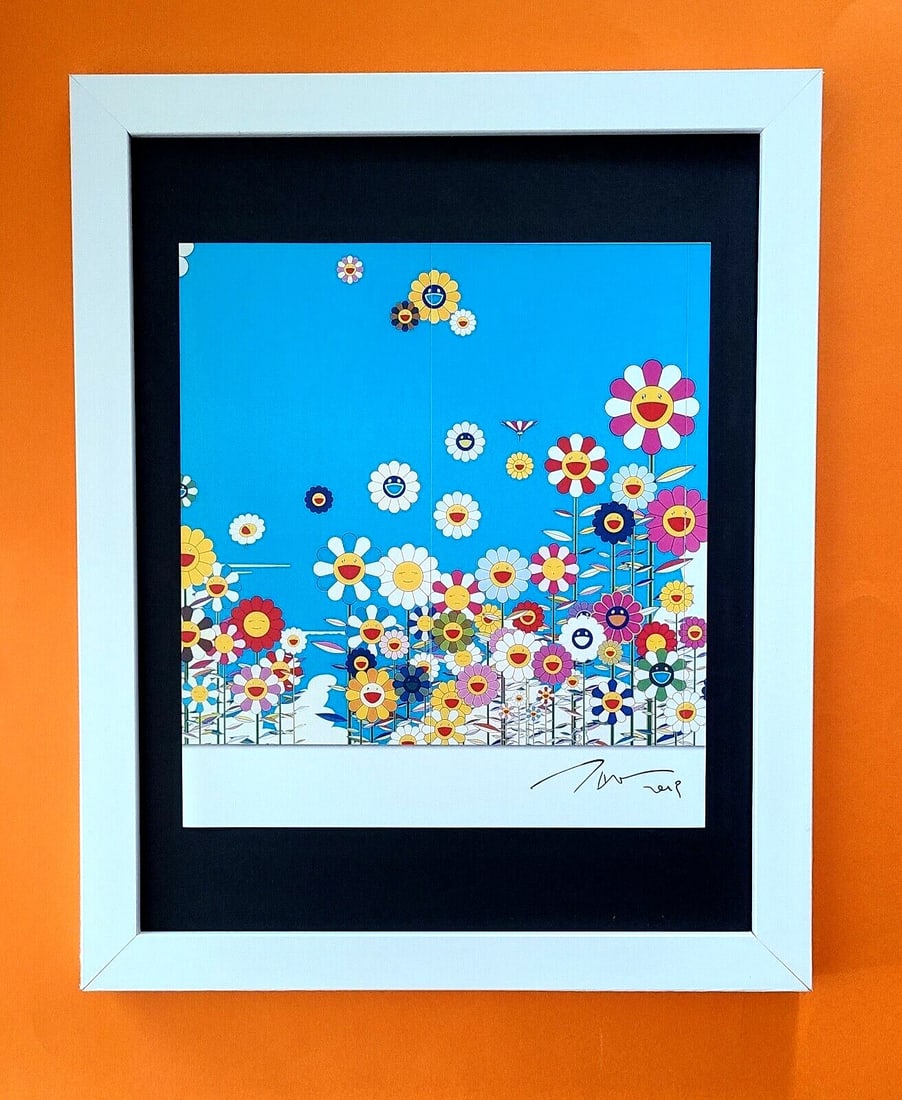 TAKASHI MURAKAMI + AWESOME SIGNED ART PRINT FROM JAPAN + WITH NEW FRAME: TAKASHI MURAKAMI AWESOME VINTAGE PRINT ON GLOSSY PAPER FACSIMILE SIGNED IN INK FULL OF COLOR PRINT FRAME COVERS AN AREA OF 15 X 12 in MOUNTED AND FRAMED EXCELLENT CONDITIONS Please note that this lot 