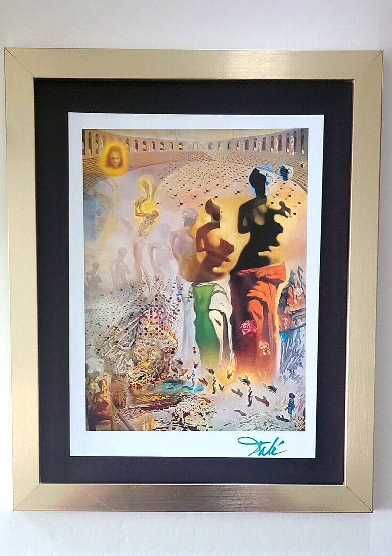 SALVADOR DALI + SIGNED PRINT FROM 1970'S + MOUNTED WITH NEW GOLDEN FRAME: We have for Sale this AWESOME 1970's PRINT AFTER SALVADOR DALI FACSIMILE SIGNED IN INK NEW GOLDEN FRAME COVERS AN AREA OF 16 X 13 in PRINT IS MOUNTED OVER AN ACID FREE 14X11 IN. BLACK BOARD AND FRAMED