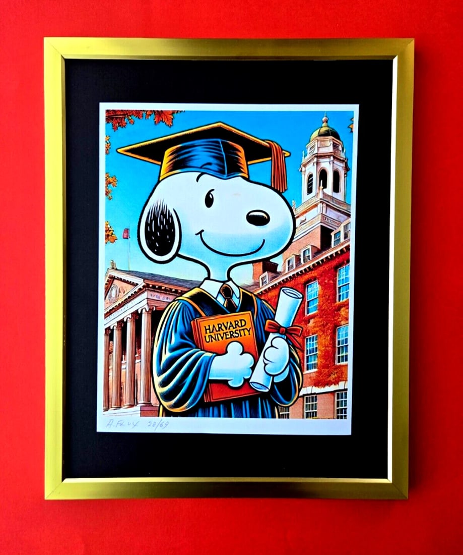 AIDAN FLUX | Hand Signed Print Framed Edition (69) COA SNOOPY HARVARD GRADUATE: This is a Stunning and Scarce 100% Authentic New Print by Aidan Flux AIDAN Flux represents a new wave of artists who embrace technology as a partner in creation, crafting works that resonate with the 