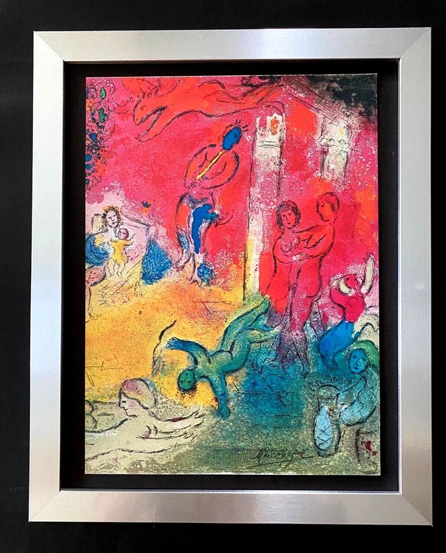 MARC CHAGALL + 1977 BEAUTIFUL SIGNED VINTAGE PRINT NEW FRAME + COA: This is a Beautiful 1977 Offset Lithographic Print After MARC CHAGALL " Daphnis and Chloe" FACSIMILE SIGNED IN INK Size is about 12 1/2 X 9 in. Mounted over an acid free black cardboard. New Wood Fram