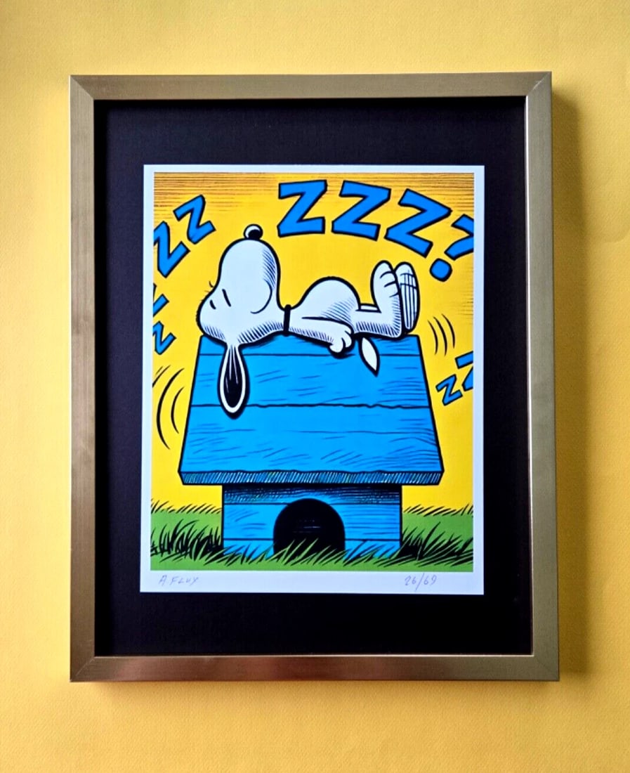 AIDAN FLUX | Hand Signed Original Print Framed LtdEd of 69 COA | SNOOPY ZZZ: This is a Stunning and Scarce 100% Authentic New Print by Aidan Flux AIDAN Flux represents a new wave of artists who embrace technology as a partner in creation, crafting works that resonate with the 