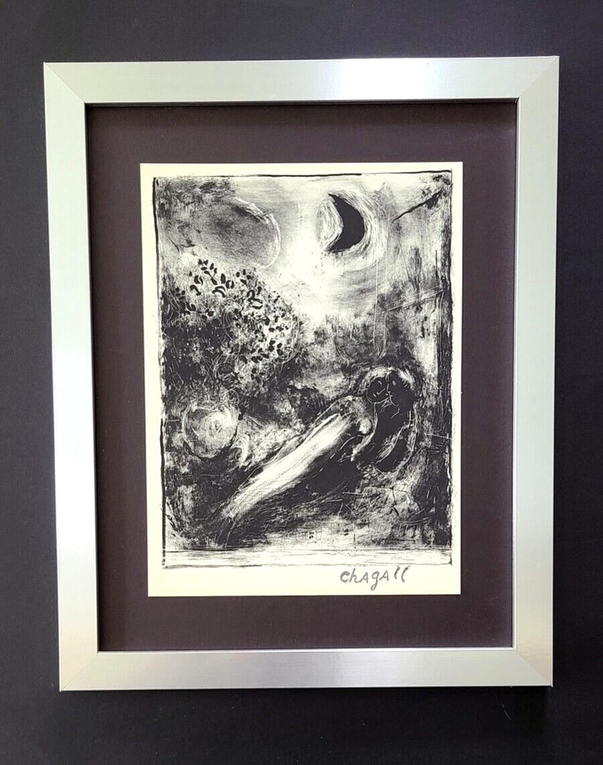 MARC CHAGALL + 1957 FIGURE SIGNED PRINT MOUNTED IN NEW FRAME: This is a Beautiful and Scarce 1957 Print after MARC CHAGALL FACSIMILE INK SIGNED From his Lithographs Collection Mounted in an acid free black board and Framed Covering an area of 15x12in. Printed in