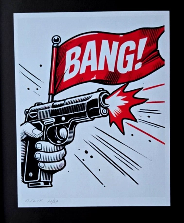AIDAN FLUX | Hand Signed Original Framed LtdEd of 69 COA PISTOL BANG FLAG - 2