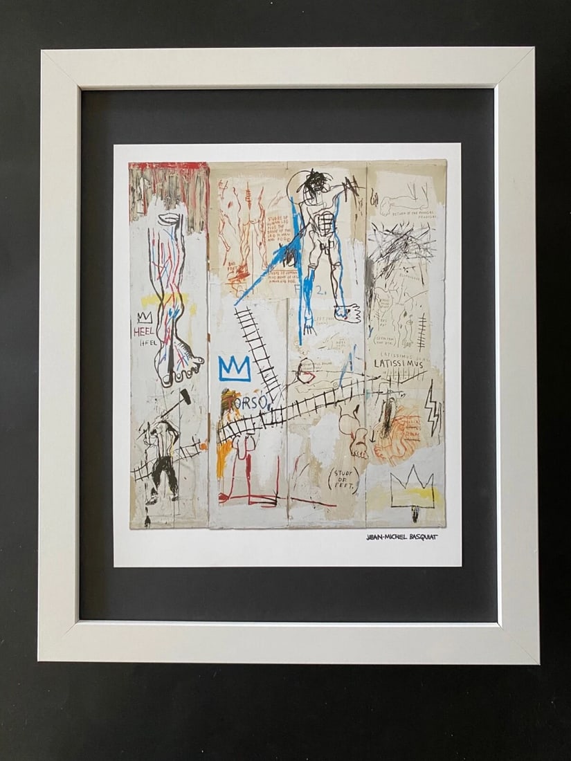 JEAN MICHEL BASQUIAT | SIGNED PRINT | MOUNTED IN NEW FRAME | READY FOR DISPLAY!: JEAN MICHEL BASQUIAT 1980'S VINTAGE PRINT FACSIMILE SIGNED IN INK JEAN MICHEL BASQUIAT HIGH QUALITY PLATE MEASURE IS ABOUT 10X8 IN VERY GOOD CONDITION WITH EXPECTED HANDLING, CREASING AND TONING FOR A
