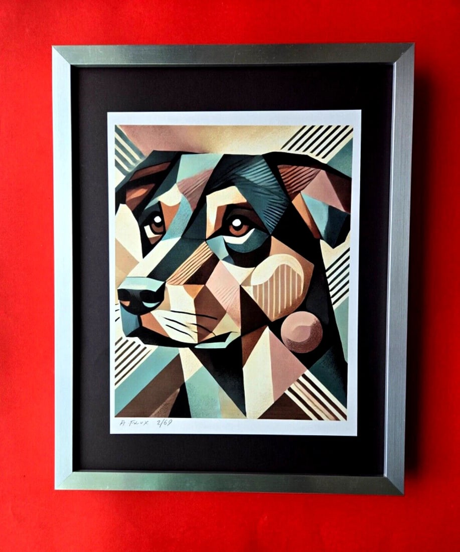 AIDAN FLUX | Hand Signed Original Print Framed LtdED of 69 COA MY CUBIST DOG: This is a Stunning and Scarce 100% Authentic New Print by Aidan Flux AIDAN Flux represents a new wave of artists who embrace technology as a partner in creation, crafting works that resonate with the 