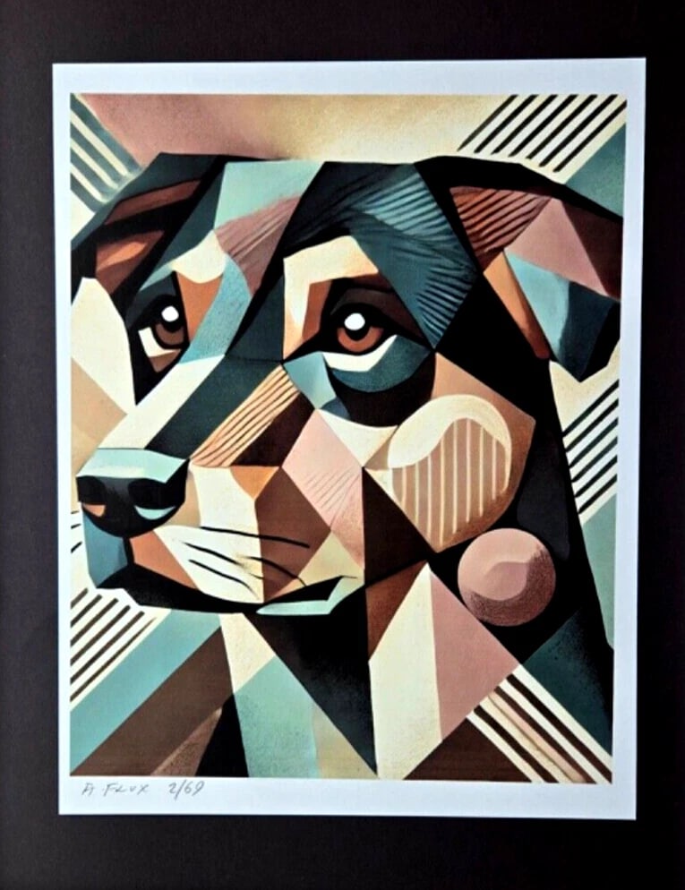 AIDAN FLUX | Hand Signed Original Print Framed LtdED of 69 COA MY CUBIST DOG - 2