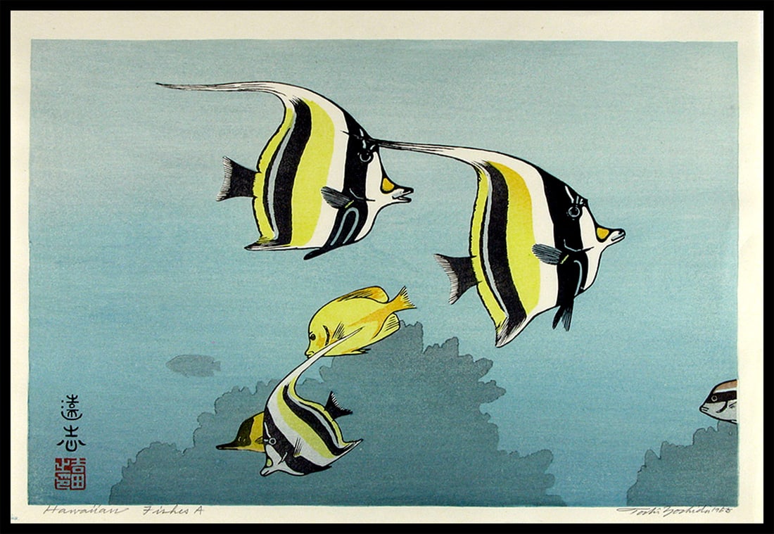 Toshi YOSHIDA: Hawaiian Fishes 'A': Artist: Toshi YOSHIDA Title:Hawaiian Fishes 'A' Date: Medium:Woodblock print Size/Format:ôban (c. 10 1/2" x 15 3/4", each) Condition:Each: excellent impression, color and condition. Reserve: $790.00