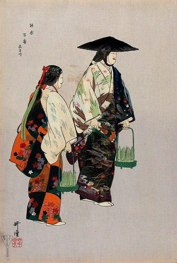 Tsukioka KOGYO: The Noh play 'Asukagawa': Artist: Tsukioka KOGYO Title:The Noh play 'Asukagawa' Series: A hundred Noh Plays Publisher:Daikoku-ya Date:September 1925 (this impression) Medium:Woodblock print Size/Format:oban tate-e (c. 15 x 10