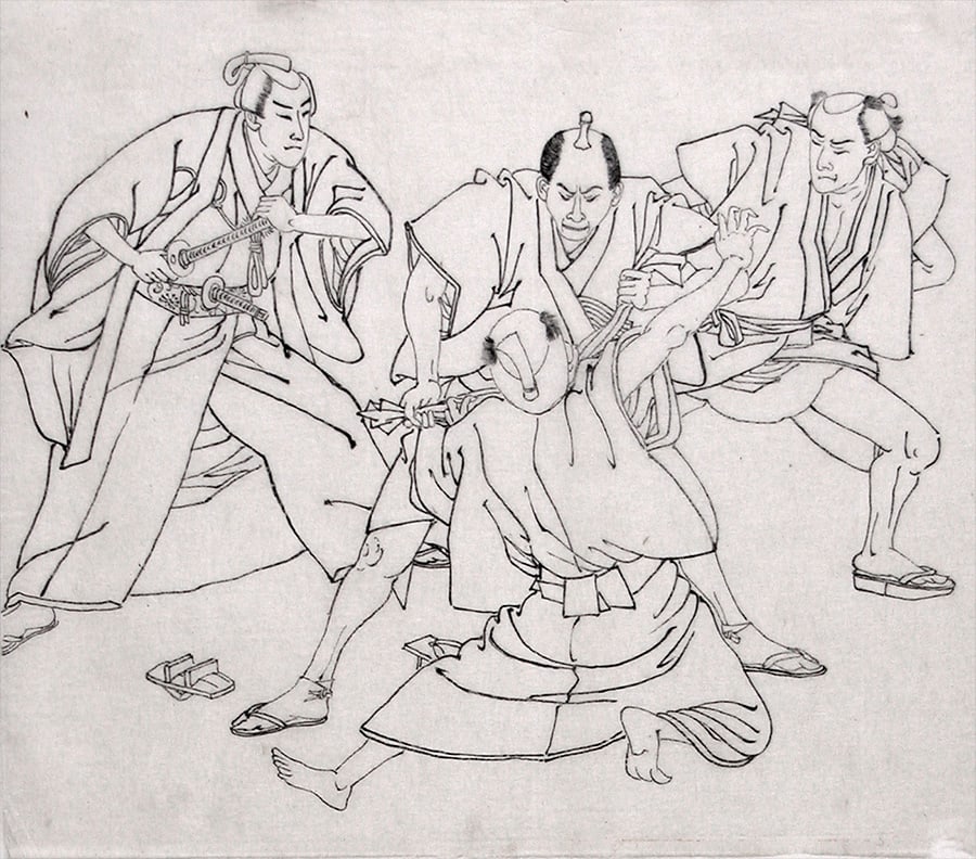 Toshikata, Mizuno (fl. 1866-1908): Four preparatory drawings for an illustrated book or magazine.: Artist: Toshikata, Mizuno (fl. 1866-1908) Title:Four preparatory drawings for an illustrated book or magazine. Date:c. 1890s Medium:Black ink ('sumi') on thin paper. Description:TOSHIKATA was a Japane