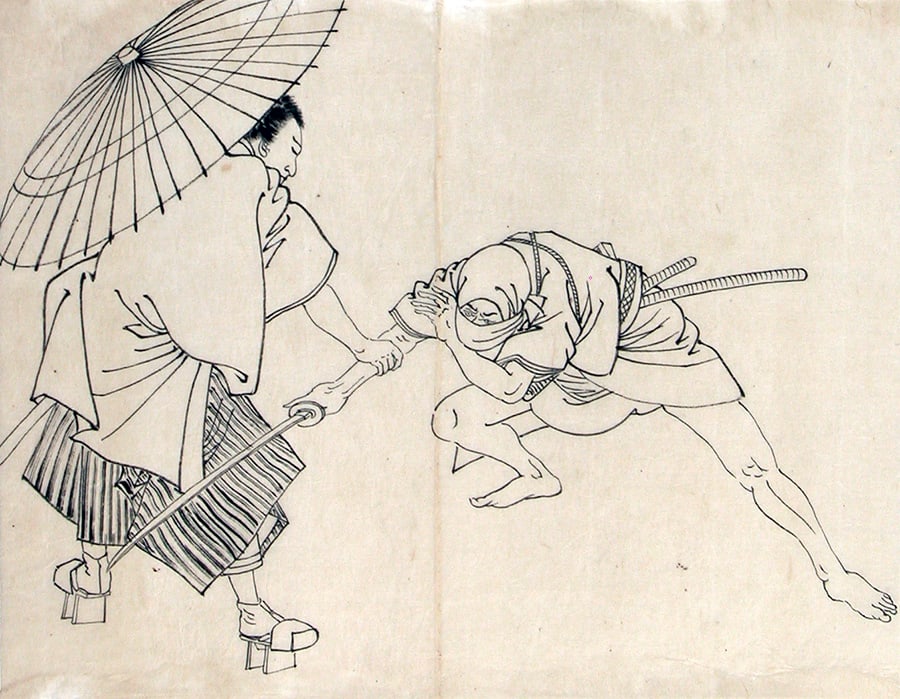 Toshikata, Mizuno (fl. 1866-1908): Four preparatory drawings for an illustrated book or magazine. - 4
