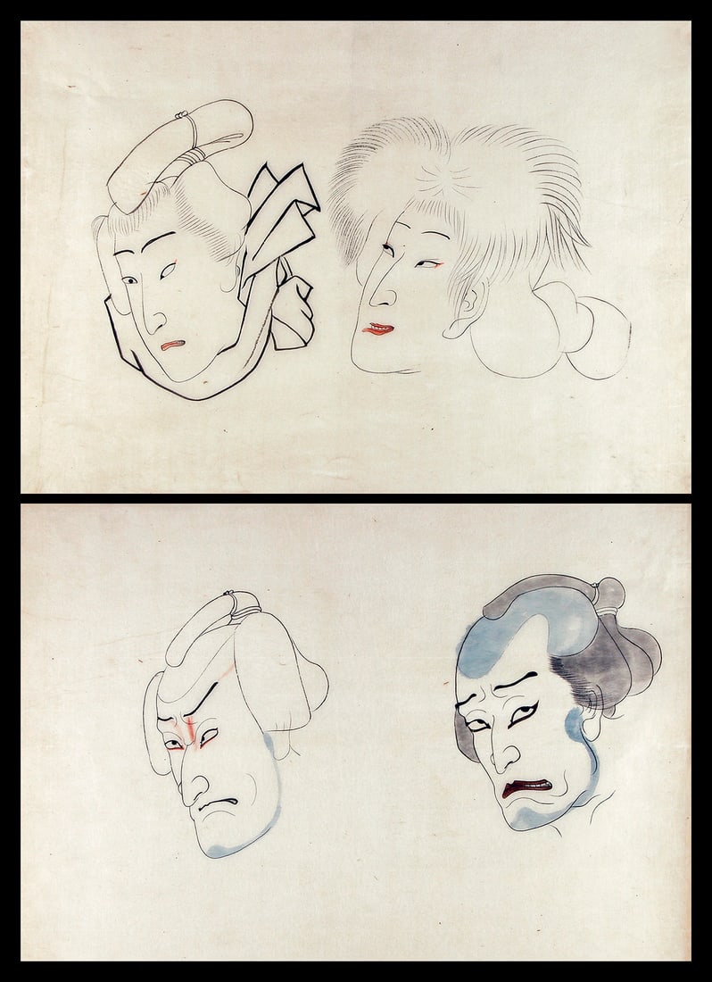 (attr. to) Toyohara KUNICHIKA (1835-1900): Large actors heads ('okubi-e'): Artist: (attr. to) Toyohara KUNICHIKA (1835-1900) Title:Large actors heads ('okubi-e') Series: Four preliminary drawings of actors heads on two sheets Date:1869 Medium:Black ink with touches of color.