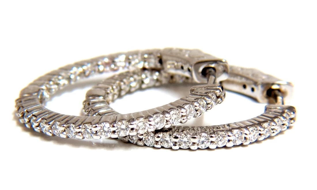 .86ct natural round brilliant in/out diamond hoop earrings 14kt g/vs**: Title: .86ct natural round brilliant in/out diamond hoop earrings 14kt g/vs** Description: Modern, In & Out. .86ct. Natural Round, Brilliant diamonds hoop earrings. inside / out G color, VS-2 clarity 