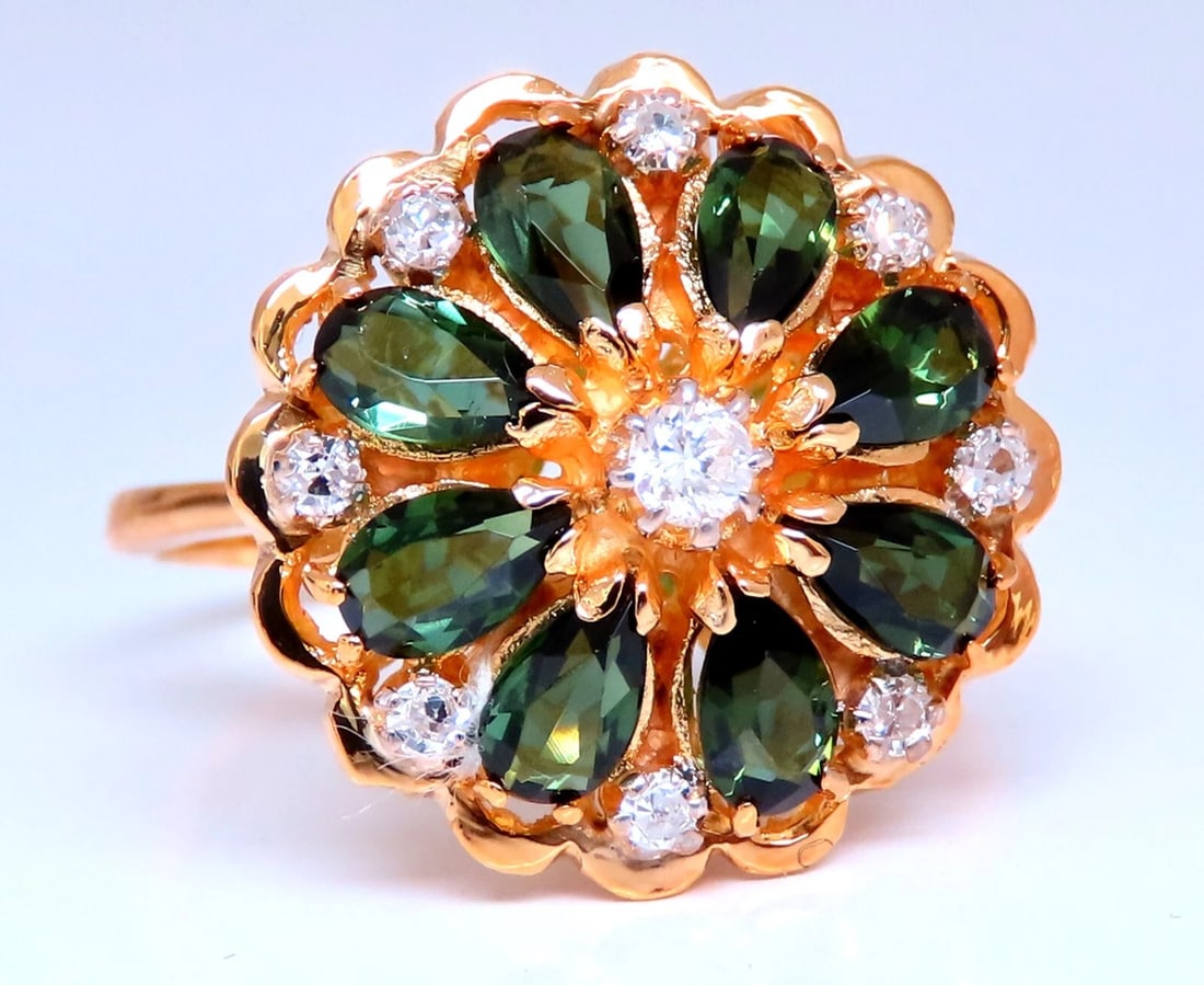 1.60ct Natural Tourmaline Cluster Ring 14kt**: Title: 1.60ct Natural Tourmaline Cluster Ring 14kt** Description: MAGNIFICENT JEWELS 1.30ct. Natural Bright Green Tourmaline Cluster ring. clean clarity The Fine Gem Tourmaline .30ct natural diamonds 
