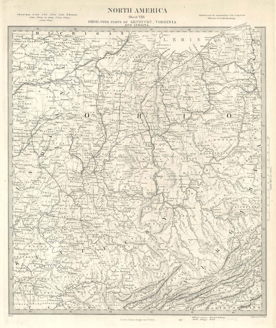 North America Sheet Viii Ohio, With Parts of Kentucky, Virginia and Indiana.: Publication Date:1852 Title:North America Sheet Viii Ohio, With Parts of Kentucky, Virginia and Indiana.,li>Cartographer:Society for the Diffusion of Useful Knowledge/ S.D.U.K. | J. & C. Walker