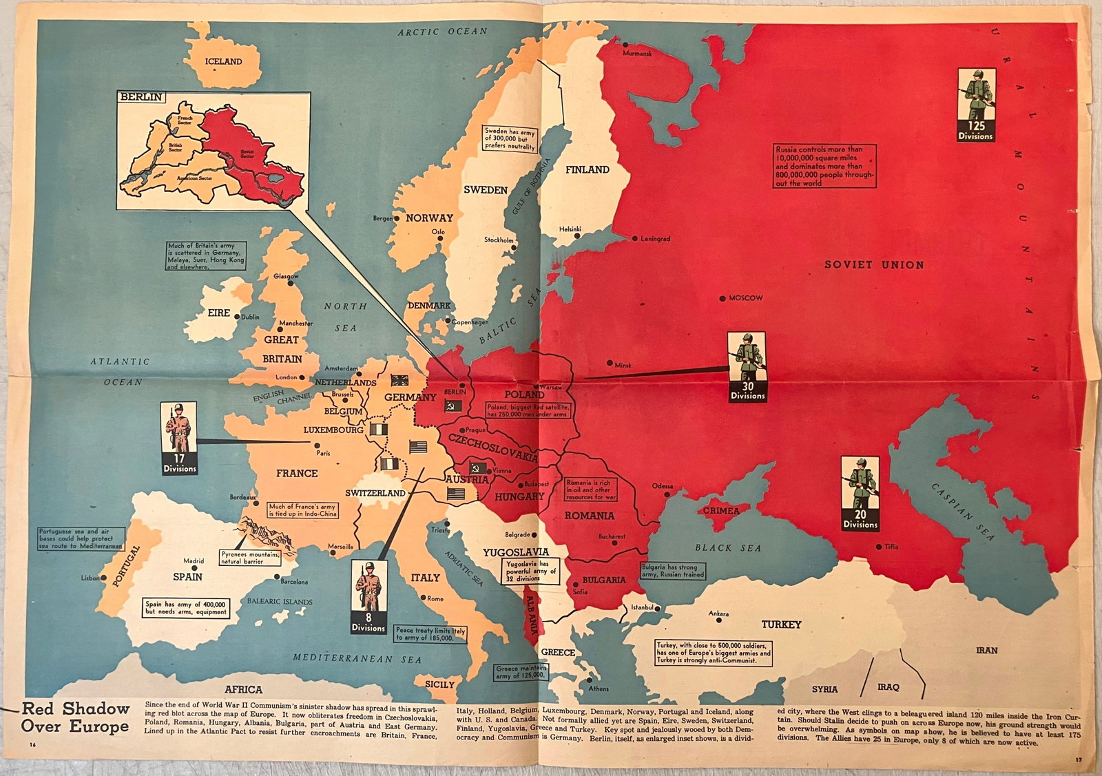 1951 Map of Divided Europe [verso] Military Forces US ans USSR -- Red Shadow Over Europe [verso] Pu;: Title:1951 Map of Divided Europe [verso] Military Forces US ans USSR -- Red Shadow Over Europe [verso] Pu;;-out War Maps,li>Cartographer:Minneapolis Sunday Tribune Year/Place:1951 Minneapolis Map Dime