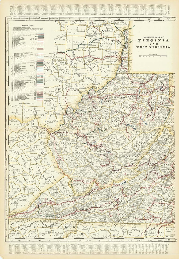 Western Half of Virginia and West Virginia | Eastern Half of Virginia and West Virginia: Publication Date:c1899 Title:Western Half of Virginia and West Virginia | Eastern Half of Virginia and West Virginia,li>Cartographer:CRAM, GEO. F. Publisher:CRAM, GEO. F. Brief Description:Very large