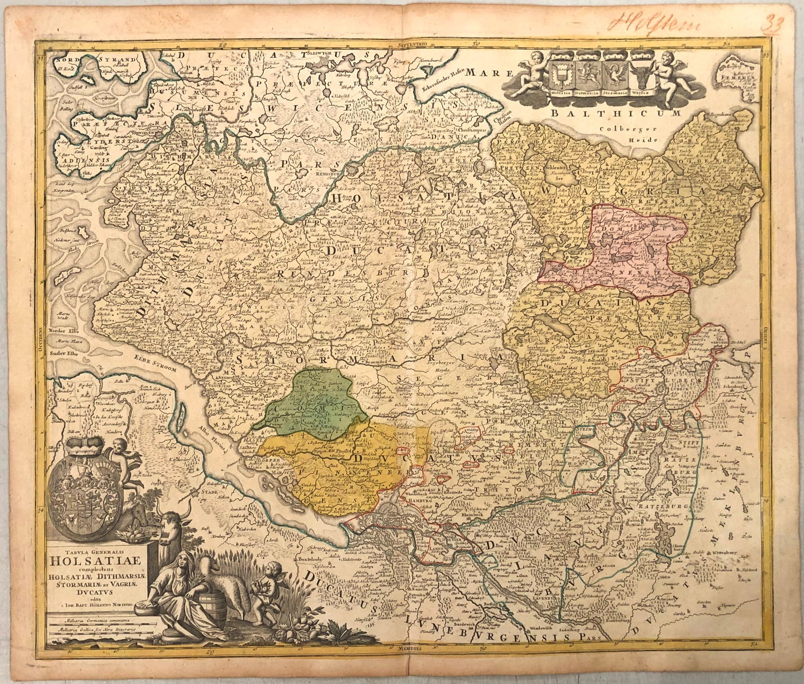 1720 Homann Map of Northern Germany Around Hamburg -- Tabula Generalis Holsatiae Complectens: Title:1720 Homann Map of Northern Germany Around Hamburg -- Tabula Generalis Holsatiae Complectens Holsatiae Dithmarsiae Stormariae et Vagriae Ducatus,li>Cartographer:J Homann Year/Place:1720,