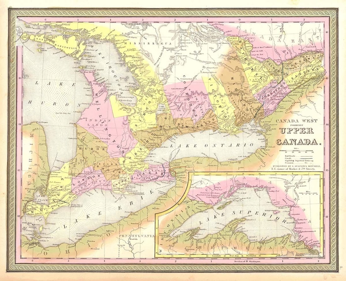 Canada West Formerly Upper Canada: Publication Date:1850 Title:Canada West Formerly Upper Canada,li>Cartographer:MITCHELL, S.A. Publisher:THOMAS, COWPERTHWAIT & CO. Brief Description:Inset of Lake Superior. Details states or