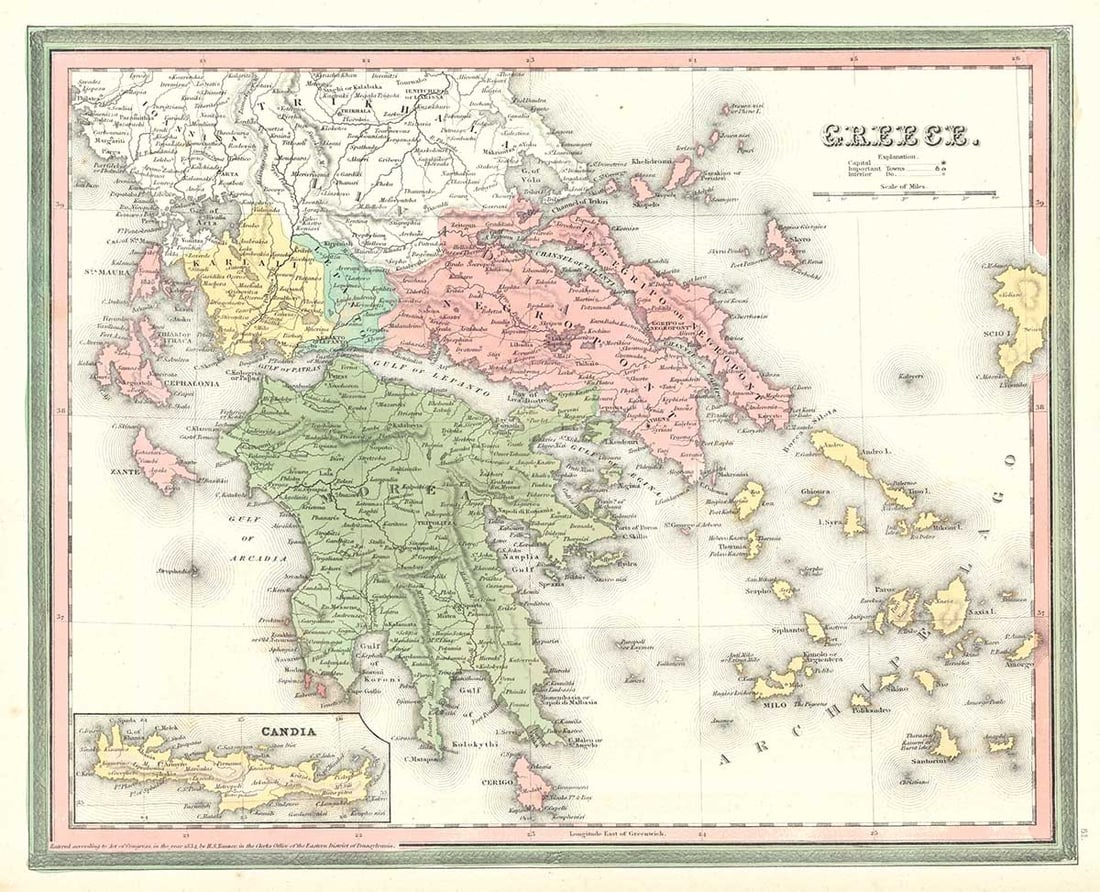 Greece.: Publication Date:1846 Title:Greece.,li>Cartographer:TANNER, HENRY SCHENCK Publisher:S. AUG. MITCHELL Brief Description:Polar projection. Inset of Candia or Crete. From H.S. Tanner's large folio 'A