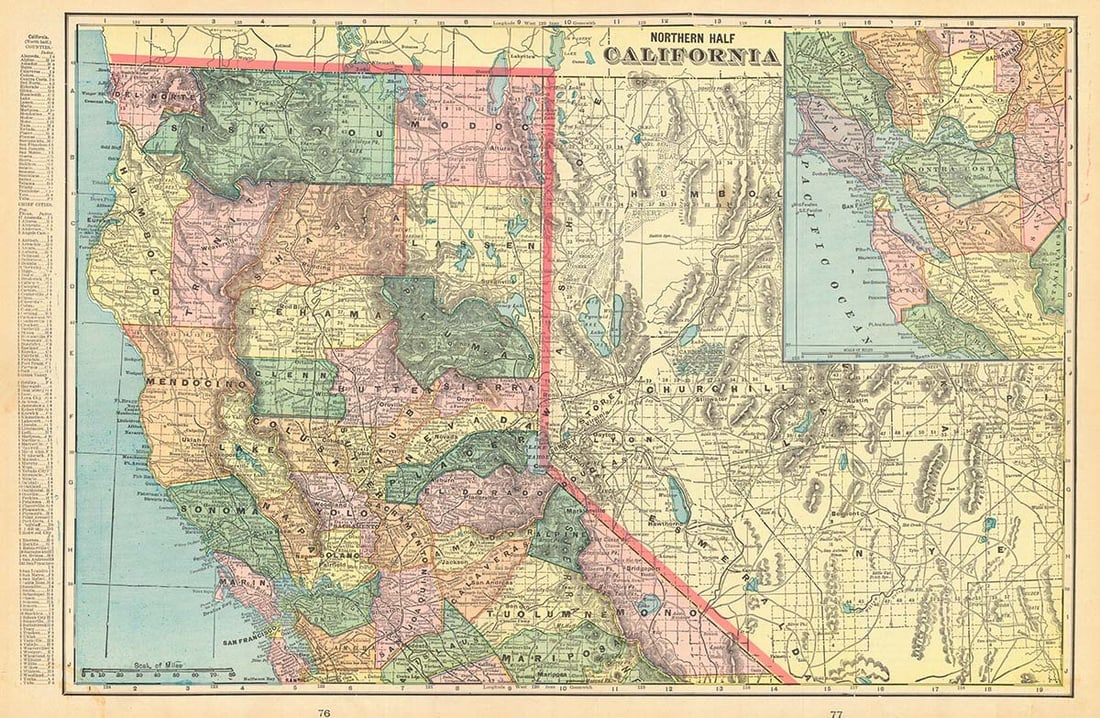 Northern Half of California: Publication Date:1899 Title:Northern Half of California,li>Cartographer:CRAM, GEO. F. Publisher:CRAM, GEO. F. Brief Description:Map detailing counties separately colored to just south of San Francisco