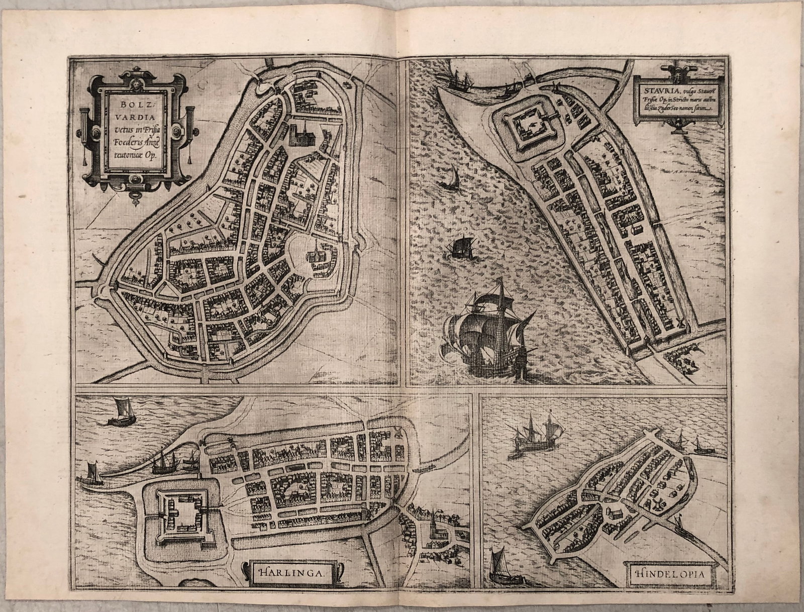 1575 Braun and Hogenberg View of Four Duch Towns of Bolsward, Staviren, Harlingen and Hindeloopen --: Title:1575 Braun and Hogenberg View of Four Duch Towns of Bolsward, Staviren, Harlingen and Hindeloopen -- Bolzvardia.. [on sheet with] Stauria…, Harlinga, Hindelopia,li>Cartographer:Braun and